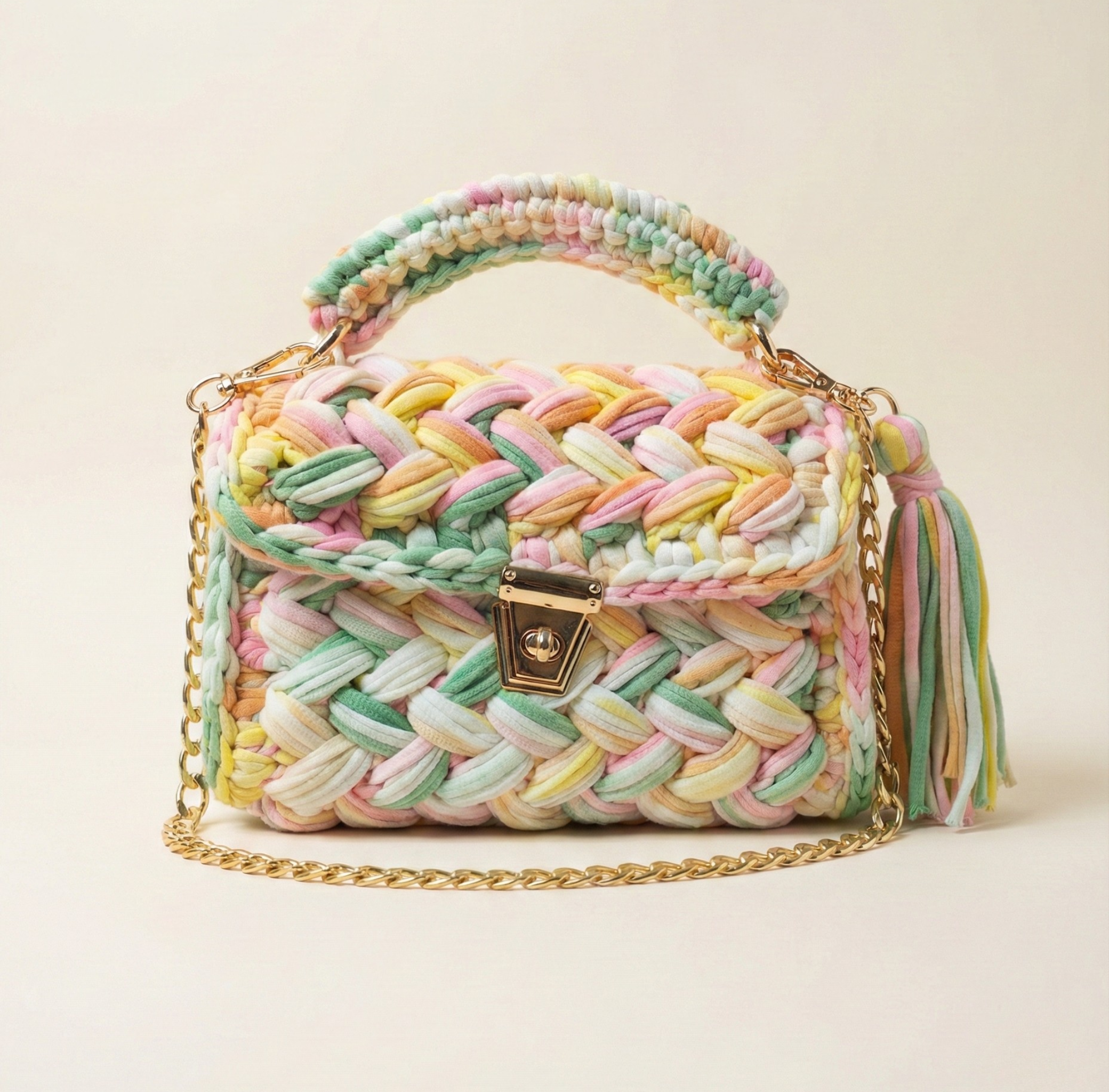 Luxury Pastel Woven Cotton Handbag with Gold Chain | Handmade Multicolor Crossbody Bag for Women