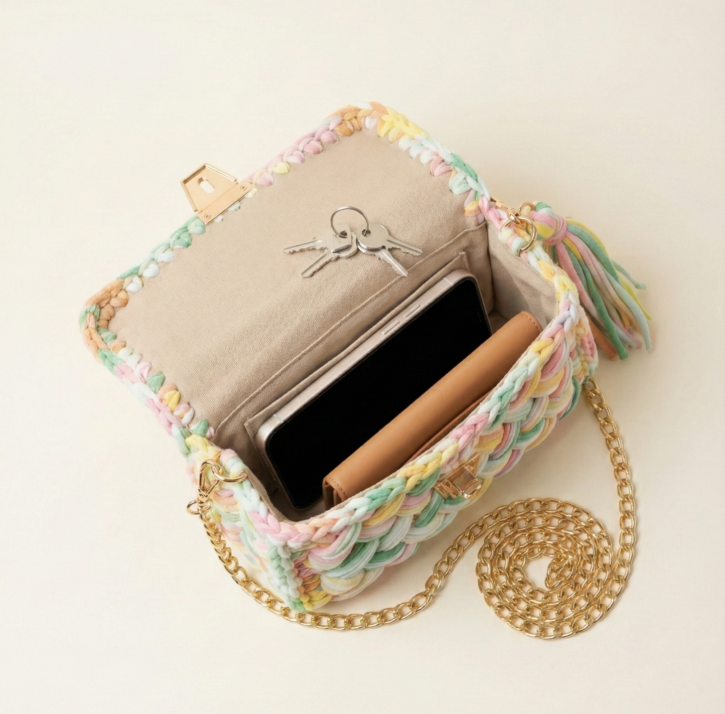 Luxury Pastel Woven Cotton Handbag with Gold Chain | Handmade Multicolor Crossbody Bag for Women