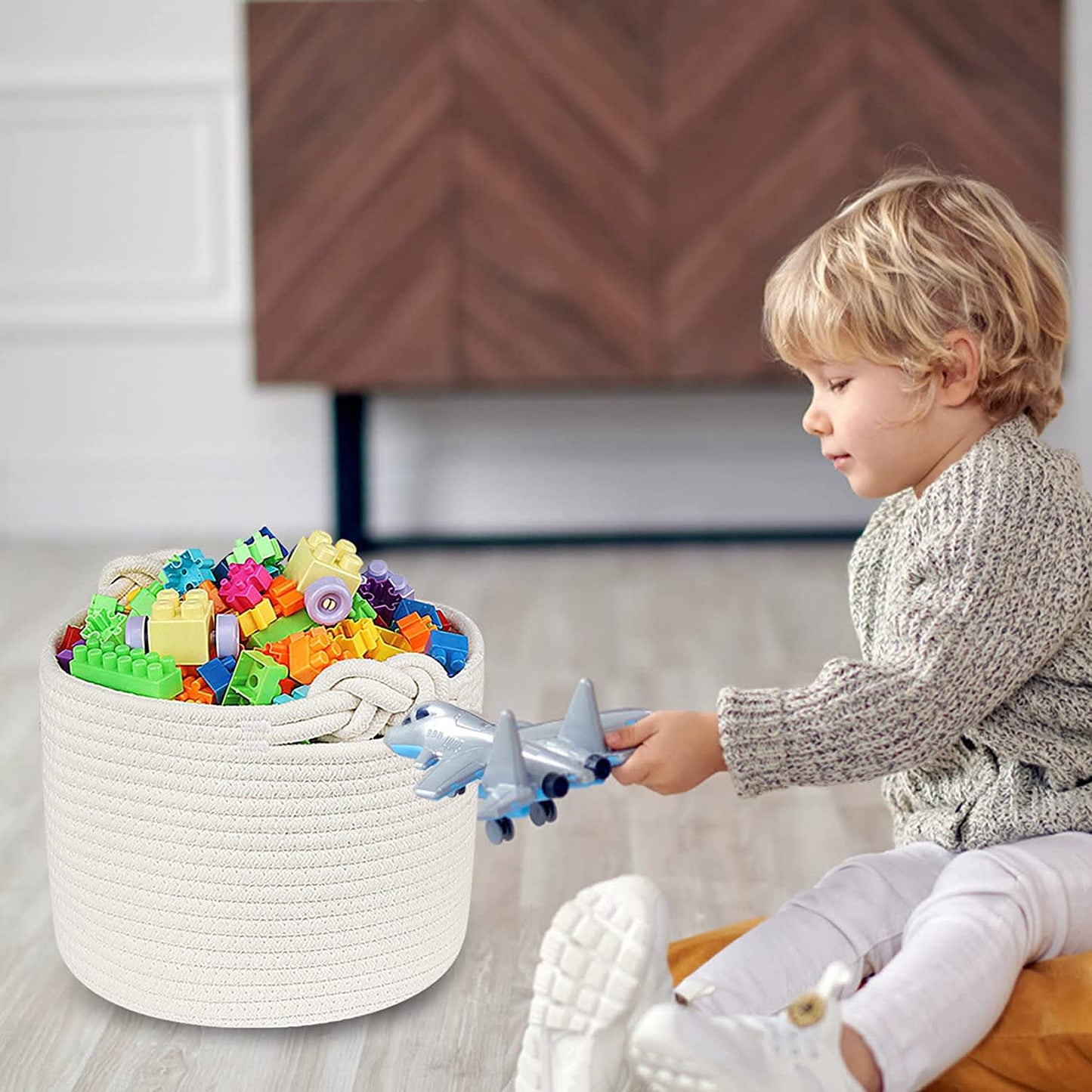 Large White Cotton Rope Storage Basket with Handles | Decorative Organizer Bin for Living Room & Bedroom