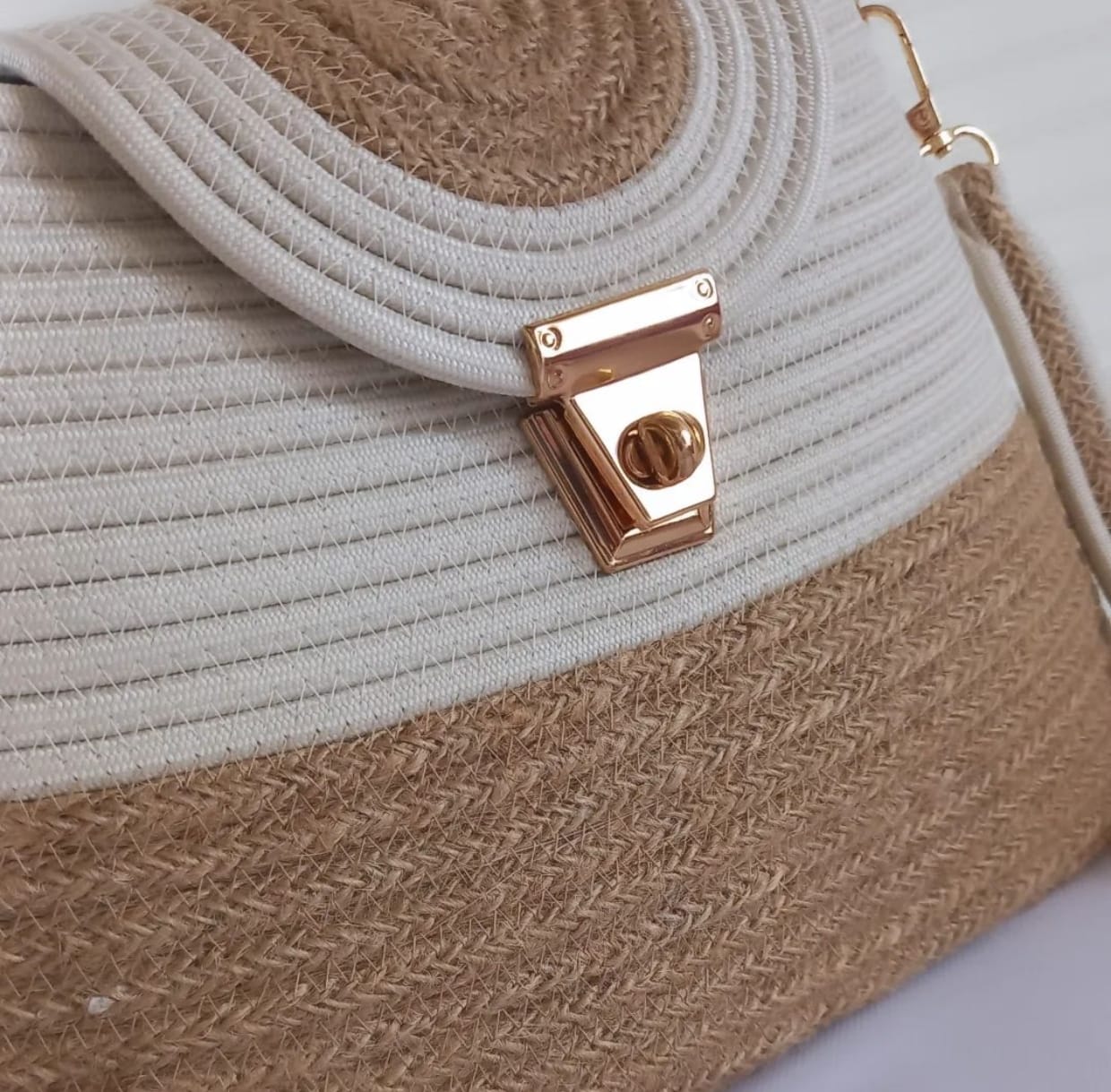 Luxury Beige & White Cotton Rope Handbag | Handmade Structured Crossbody Tote with Gold Lock