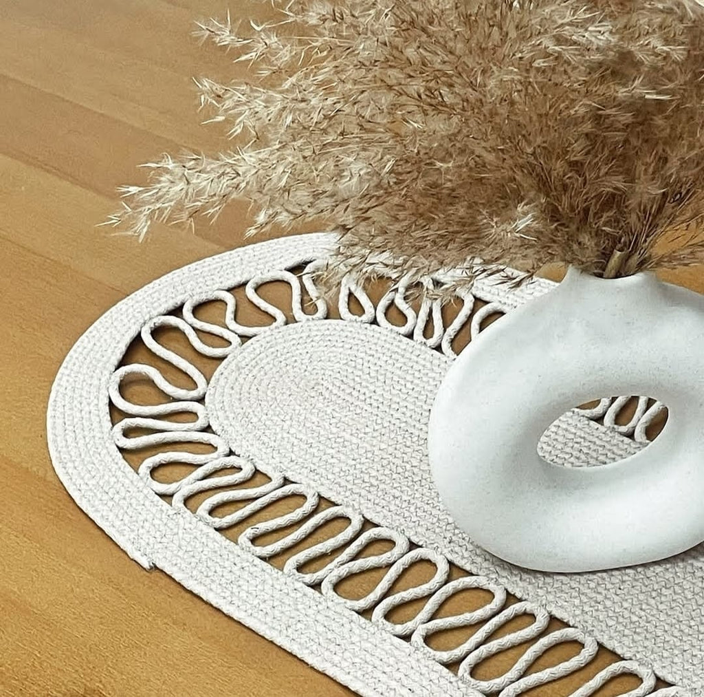 Beige Oval Cotton Rope Floor Mat | Handmade Braided Decorative Rug for Living Room & Bedroom
