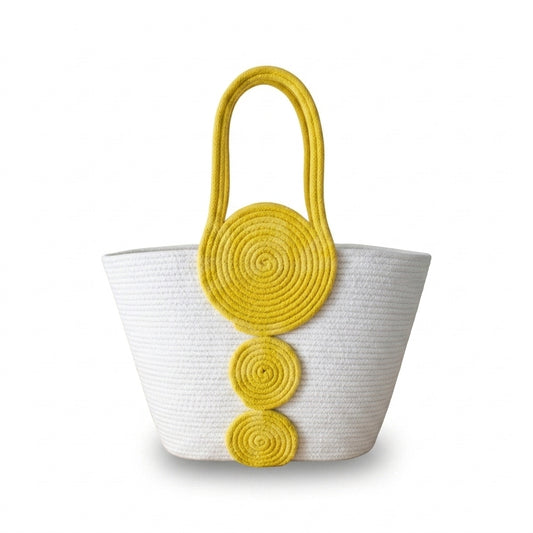 Yellow & White Cotton Rope Tote Bag | Handmade Spiral Design Shoulder Handbag for Women