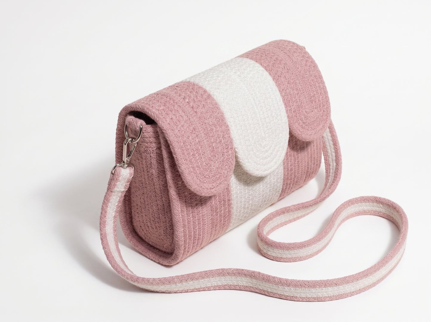 Pink & White Cotton Rope Crossbody Bag | Handmade Striped Sling Bag for Women