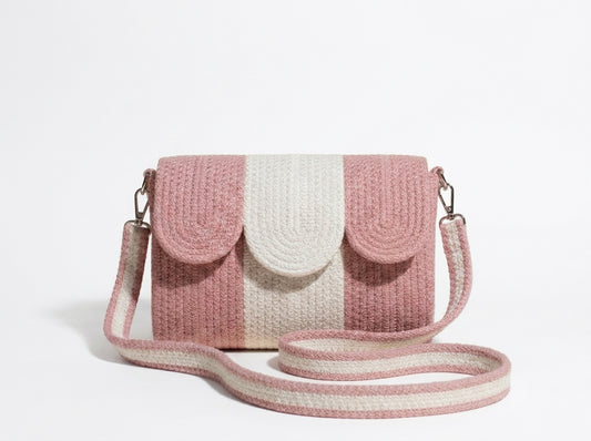 Pink & White Cotton Rope Crossbody Bag | Handmade Striped Sling Bag for Women
