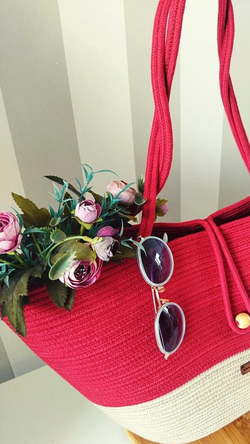 Red & Beige Cotton Rope Tote Bag | Handmade Two-Tone Shoulder Handbag for Women