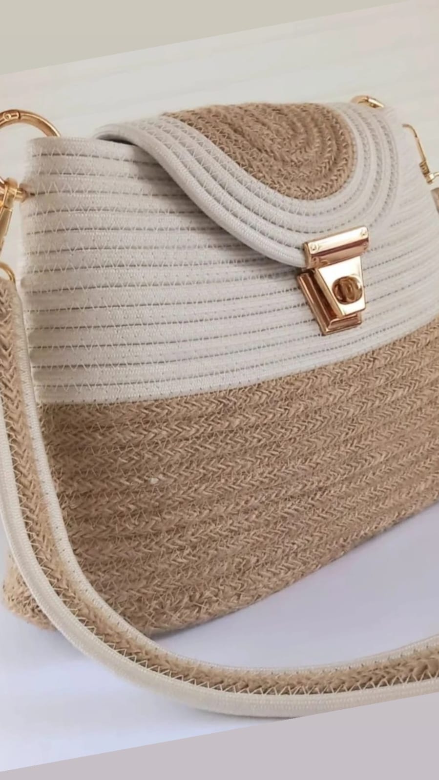 Luxury Beige & White Cotton Rope Handbag | Handmade Structured Crossbody Tote with Gold Lock